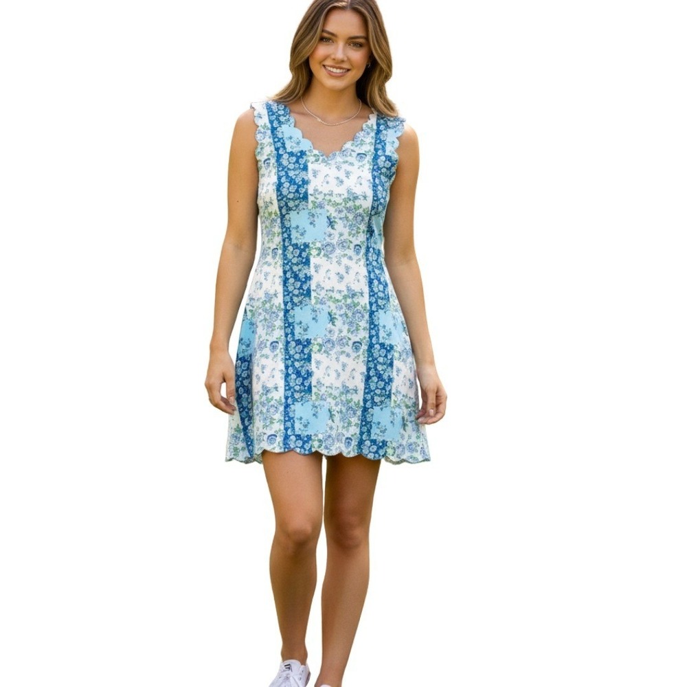 Simply Southern Blue Floral Patchwork Scalloped Mini Dress Sleeveless S NWT